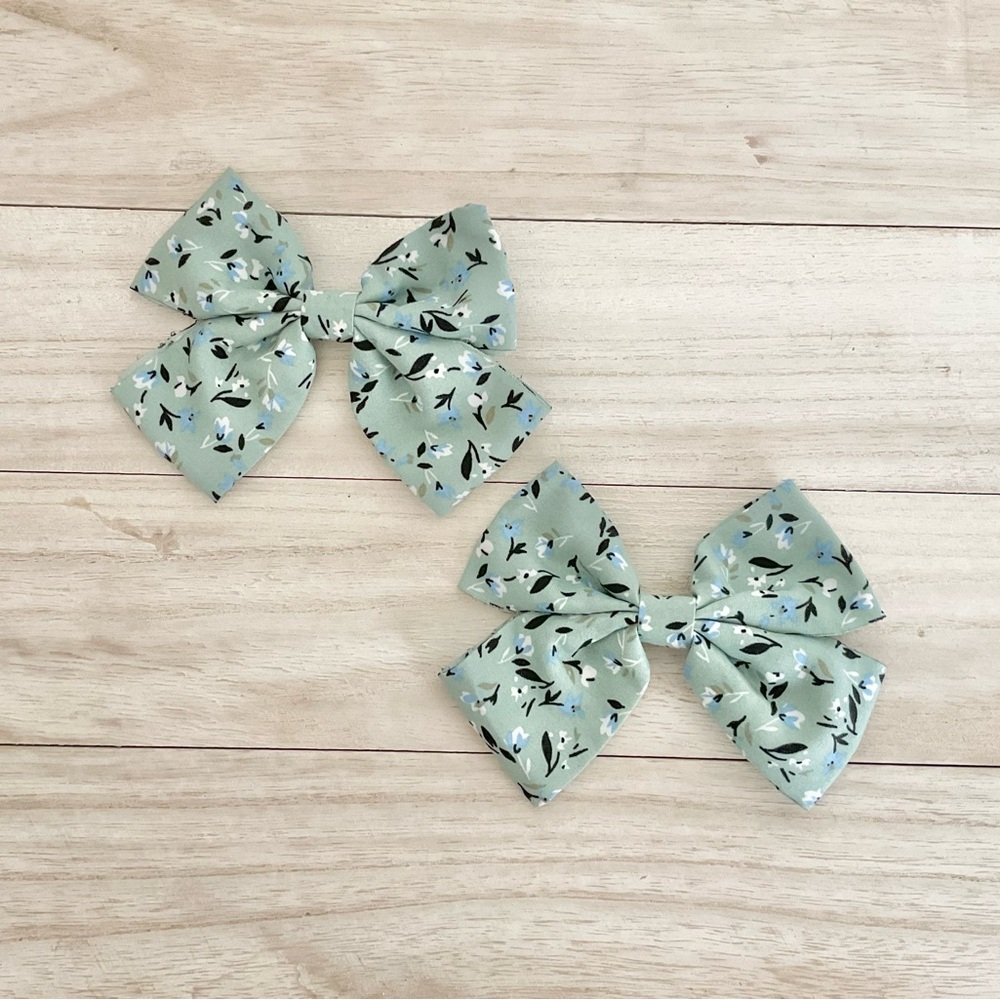 Girls Boho Floral Hair Bow Set Sage Green